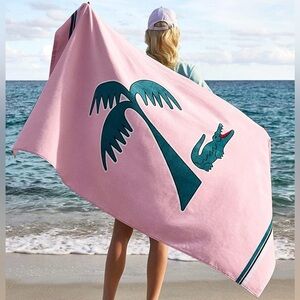 LACOSTE Murphy Pink Teal Palm & Alligator Logo Large Beach Towel 36” X 72”